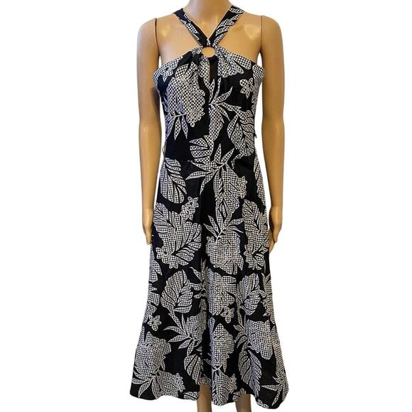 Y2K Dress Sz 6/S Black White Whimsigoth Key Hole Halter Midi Leafy Hippie Party - Picture 1 of 11